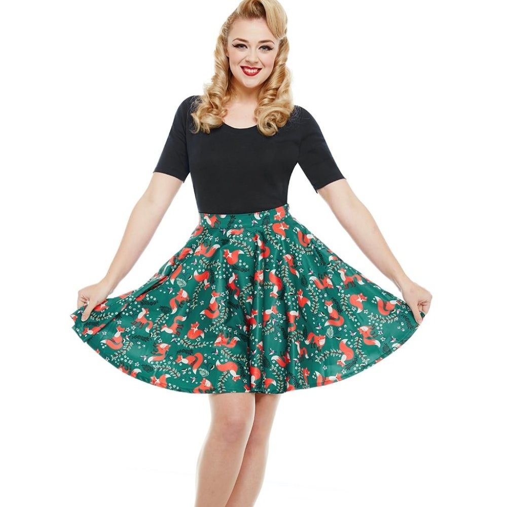 Lindy Bop Pepper Green Fox Print Circle Skirt